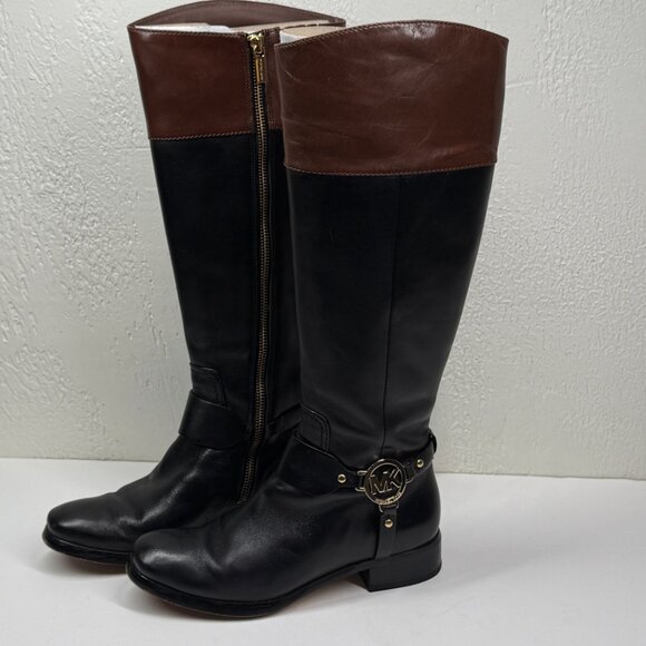 Michael Kors Fulton Harness Riding Boots Black Brown Leather Size 6.5M - Picture 7 of 12